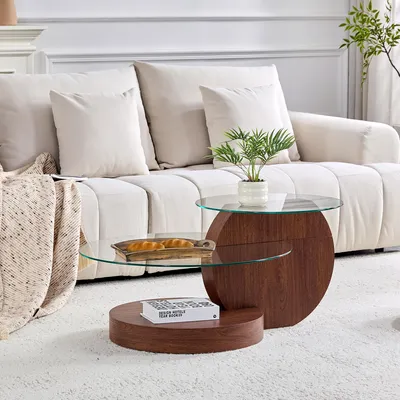 Produktbild von Moderner Couchtisch aus Sicherheitsglas, zweischichtig, 90 cm, Walnuss-Optik, minimalistisch
