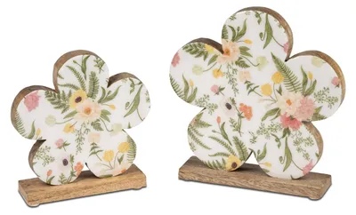 Produktbild von 2er Set Dekoobjekte Blüten mit Blumenmotiv H. 14 + 18cm Mangoholz Formano F26