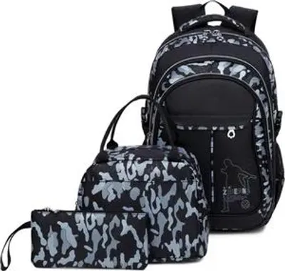 Produktbild von Schulrucksack Teenager, 20-35L Kinderrucksack Camouflage Rucksäcke Jugendliche Jungen Mädchen 3-In-1 Schulranzen, 40*31*13cm, (Schwarz, Grau)