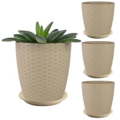 Produktbild von Set 4x Blumentopf Blumenkübel Rattan mit Untersetzer Pflanztopf 16x15cm Beige