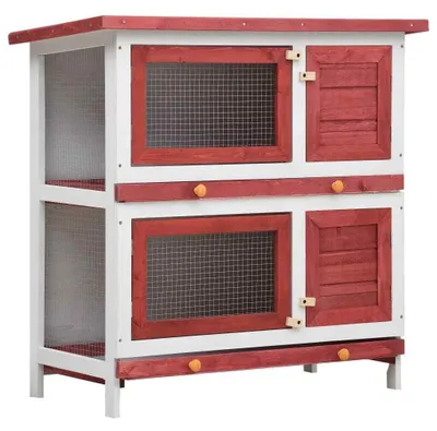 Image de Cage à lapins en bois avec 4 portes. Cage pour lapins, cage pour petits animaux, idéale pour le jardin, avec une zone d'exercice et une rampe pour les rongeurs et les lapins. Couleur : rouge