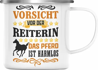 Produktbild von Trendation - Reiterin Mädchen Pferde Geschenk Emaille Tasse Reiten Reiterin Kinder Becher Spruch Lustig Geburtstag (Silber)
