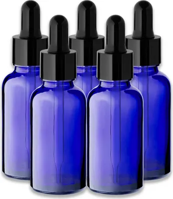 Produktbild von 5x Blaue Glasflasche 30 ml mit schwarzer Pipette Tropfen Nachfüllbar