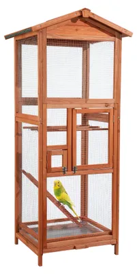 Productafbeelding van Wiltec vogelkooi van hout, 72 x 63 x 168 cm, met zitstokken en een uitneembaar rooster voor het opvangen van uitwerpselen. Papegaaienkooi met dak en 2 deuren