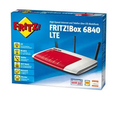 Produktbild von AVM FRITZ!Box 6840 LTE, Dual-Band (2,4 GHz/5 GHz), IEEE 802.11n, 300 Mbit/s, IEEE 802.11a,IEEE 802.11b,IEEE 802.11g,IEEE 802.11n, Gigabit Ethernet, 10,100,1000 Mbit/s