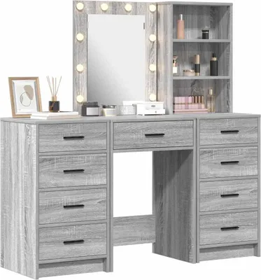 Image de vidaXL Table de maquillage, 3 pièces, gris Sonoma, 40 x 41 x 135 cm, panneaux de particules