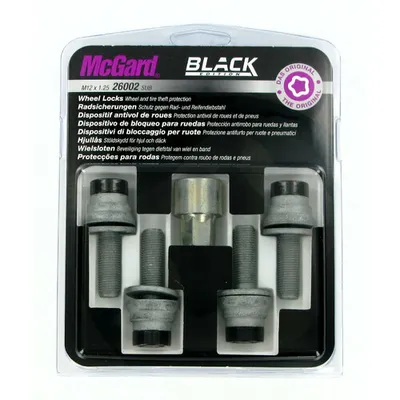 Imagen del producto de Juego de antirrobos para llantas MCGARD Black Edition, color , rosca M12, boca de 17 mm, compatible con los modelos PEUGEOT 2008 familiar (CU), 207 (WA, WC), 206 hatchback (2A/C), 206 CC (2D) y 207 CC