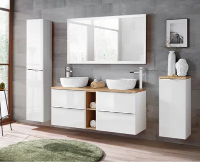 Produktbild von Badmöbel Komplett-Set weiß Hochglanz mit Doppel-Waschtisch TOSKANA-56 inkl. LED-Touch-Spiegel, BxHxT ca. 250/190/46cm