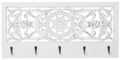 Productafbeelding van DRW Wandgarderobe van MDF met 5 metalen haken, in de kleuren wit en messing, afmetingen 60 x 29 x 10 cm