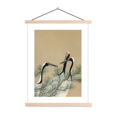 Produktbild von MuchoWow® Textilposter Kranich - Japan - Blätter - Vintage 120x160 cm mit holzfarbenen Rahmen - Plakatkarton