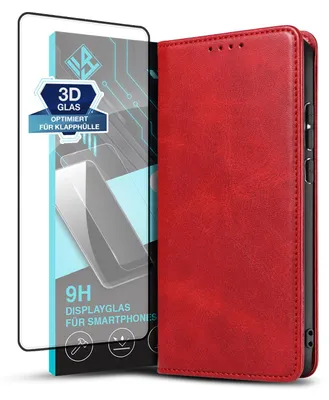 Produktbild von Handyhülle für Xiaomi Redmi Note 13 Pro+ 5G mit 9H Displayglas Kunstleder Flip Cover Hülle Klapphülle Case Kartenfach Farbe: Rot