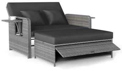 Produktbild von COSTWAY Polyrattan Sonnenliege, Gartenliege mit verstellbarer Rückenlehne & ausklappbarem Seitenablage, Loungebett, Doppelliege Gartensofa Schwarz