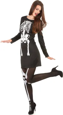 A woman is posing in a skeleton costume against a white background.