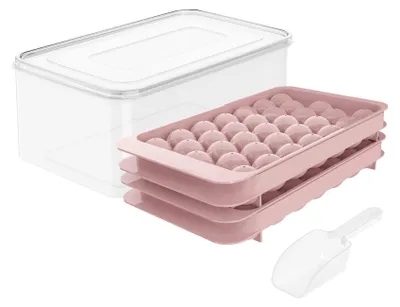 Zdjęcie produktu dla Forma do kostek lodu, kulki, silikonowa, zestaw 2 sztuki z pojemnikiem i pokrywką, forma do kostek lodu, różowa