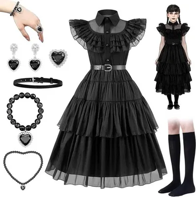 Halloween Kostüm für Mädchen - Wednesday Addams Kleid im Gothic Lolita Stil für Partys und Verkleidungen
