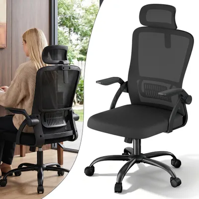 Produktbild von XMTECH Ergonomischer Bürostuhl Netz Schwarz 4D Kopfstütze Lendenstütze 105° Kippfunktion klappbare Armlehnen 120 kg Homeoffice Drehstuhl