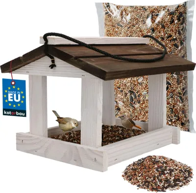 Image de KOTARBAU® Mangeoire Oiseaux À Suspendre Bois Naturel 21 x 23,5 cm Mangeoire Oiseaux Extérieur Bois Blanc & Brun 0,5 kg Nourriture Décoration Jardin
