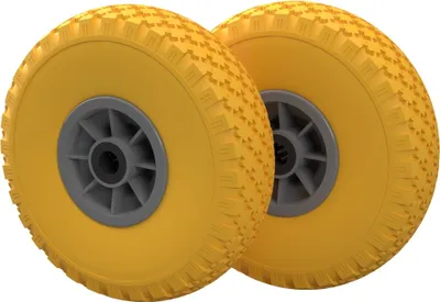 Produktbild von 2 x PolyurethanRad Ø 260 mm 3.00-4 Nadellager Ersatzrad Bollerwagen Sackkarren PANNENSICHER, gelb/grau