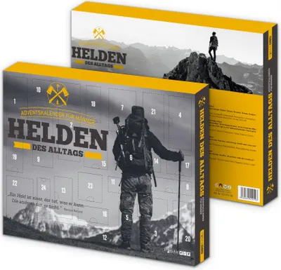 Two advent calendars are shown, one in the foreground and one slightly behind and to the right. The foreground calendar is open, revealing numbered doors. The background calendar is closed and shows a person standing on a mountain peak.