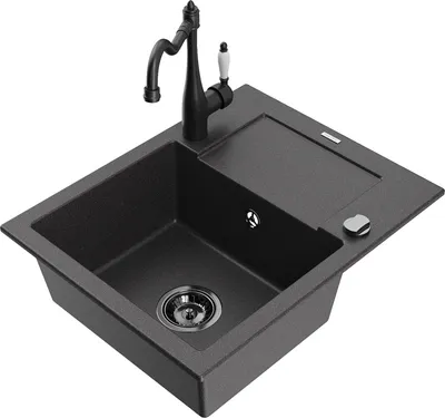 Produktbild von Mexen Enzo 1 Becken-Granitspüle mit Abtropffläche und Mischbatterie Carla, Schwarz gesprenkelt - 6506-76-670700-70-B
