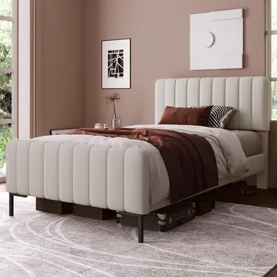 Produktbild von Polsterbett 90x200, verstellbares Kopfteil, Lattenrost, Leinen, mit Matratze (Gray+Beige)
