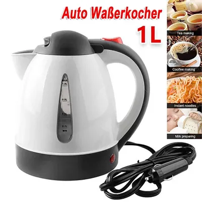 A white and black electric car kettle with a power cord and a collage of images showing its uses.