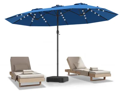 Zdjęcie produktu dla COSTWAY Podwójny parasol ogrodowy 450 x 260 cm, parasol ogrodowy ze stojakiem, oświetleniem LED zasilanym energią słoneczną i korbką, duży parasol ogrodowy XXL, parasol tarasowy UPF 50+ w kolorze granatowym