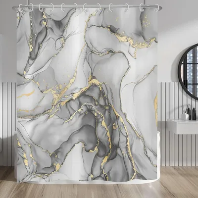 Obrázek produktu pro Omgoods - Sprchový závěs - Šedá zlatá barva, abstraktní design s motivem mramoru