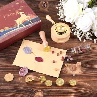 Set aus 6 Wachsmalstiften mit Holzgriff, Stempelset in Geschenkbox für Karten, Umschläge und Hochzeitseinladungen