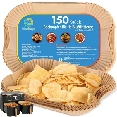 Image de Papier sulfurisé pour friteuse à air, 150 pièces, dimensions : 20,5 x 14 x 4,5 cm, compatible avec les modèles Ninja Dual, Cosori et Cecotec