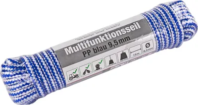 Imagen del producto de Cuerda multifuncional de polipropileno (PP) azul, de 9,5 mm de diámetro y 15 metros de longitud, con alta resistencia a la rotura