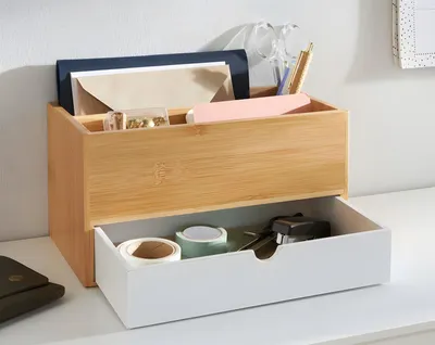 Produktbild von Organizer "Bamboo" aus Bambus, mit Schublade und 2 Fächern, Schreibtisch / Küchen Utensilien / Make Up Aufbewahrung