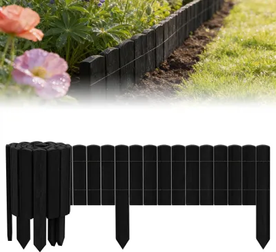 Image de Clôture en bois FIVMEN à bordure roulée, 200 cm de long, 10 cm de haut, bordure de parterre en bois de pin, palissade de jardin en bois, clôture à lattes, bordure de pelouse pour parterres de fleurs, zones de plantation, décoration naturelle anthracite