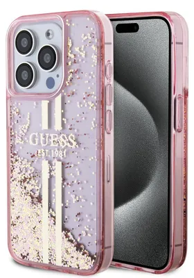 Zdjęcie produktu dla Etui Guess Liquid Glitter Gold Stripes do iPhone 15 Pro różowy