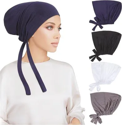 Produktbild von 4 Stück Damen-Unterkap für Hijab - Einfarben Kopfbedeckung mit Krawattenschließe