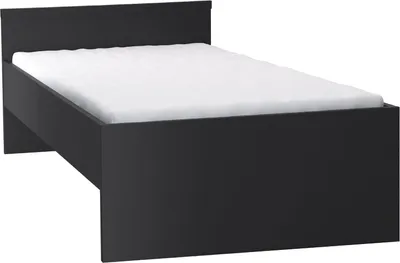 A black single bed with a white mattress.