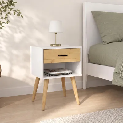 Produktbild von VCM Nachttisch mit Schublade und Ablagefach, 45 x 30 x 70 cm, Beistelltisch im Retro-Design mit Holzfüßen - Singol  XL