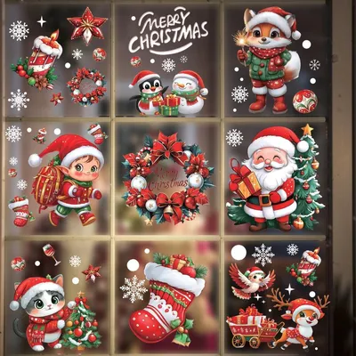 Zdjęcie produktu dla Naklejki świąteczne na okno - Wielokrotnego użytku - 9 szt. 20 x 30 cm - Motywy bożonarodzeniowe