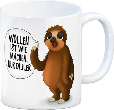 Produktbild von Kaffeebecher mit Faultier Motiv und Spruch: Wollen ist wie machen, nur fauler