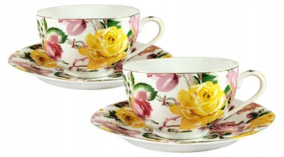 Produktbild von 2er-Set Tasse und Untertasse mit Rosenblütenmuster, Porzellan, 250 ml, für Kaffee und Tee