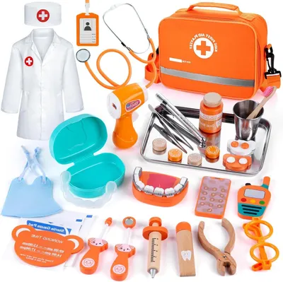 Image de Malette de docteur pour enfants - Jouet dentiste - Jeu de rôle éducatif - Ensemble de 33 pièces - Dimensions : 27 x 18,9 x 7,5 cm - Couleur bois
