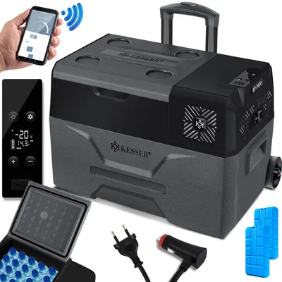 Produktbild von KESSER® Kompressor Kühlbox elektrisch Gefrierbox, Mit APP-Steuerung USB-Anschluss 12/24 V 230V, +Teleskopstange, Kühlakkus Räder Kühlschrank Kühlung bis -20 °C für Auto, Lkw, Boot, Reisemobil, Camping