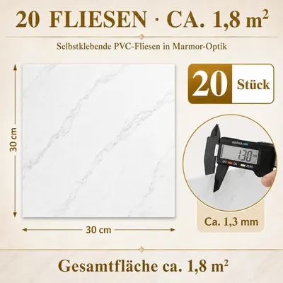 Produktbild von PVC Bodenbelag selbstklebend Weiß Marmoroptik 20 Fliesen (1,8m²)