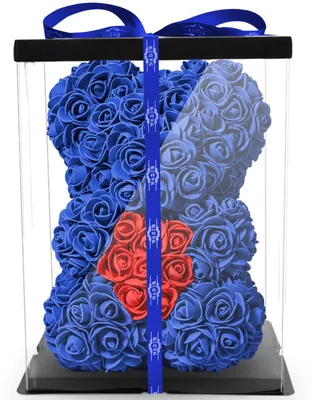 Produktbild von Rosen Bär Blumenbär mit Geschenkbox Geburtstagsgeschenk für Frauen Geschenk für Freundin zum Geburtstag Jahrestag Rose Teddybär Geschenk Blau 25 cm