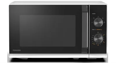 A white and black Toshiba microwave oven is shown against a white background.