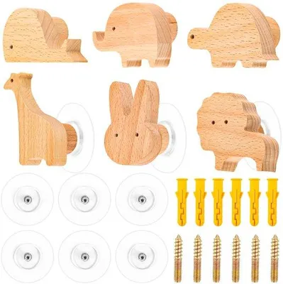 Obrázek produktu pro Dětské věšáky na oblečení, 6 ks, dřevěné nástěnné háčky, samolepicí