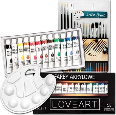 Zdjęcie produktu dla Zestaw malarski - farby akrylowe LOVEART 12x12 ml, 15 pędzli, paletka