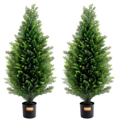 Produktbild von Künstliche Zeder, 91,4 cm hoch (2 Stück), mit zusätzlichen Blättern und Topf, künstliche immergrüne Zypressenpflanze, UV-geschütztes Grünset für die Dekoration im Innen- und Außenbereich