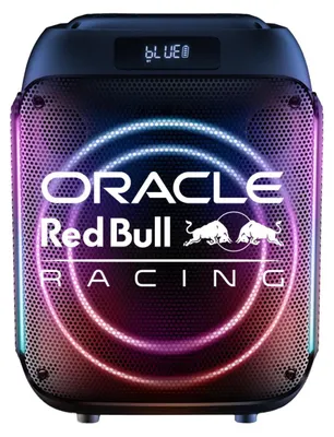 A Red Bull Racing branded party speaker with colorful LED lights.