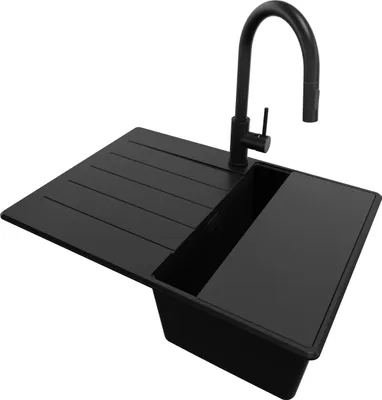 Produktbild von PRIMAGRAN Granitspüle Alles Schwarz 70x50cm, Spülbecken 1 Becken + Ablauf-Set + Küchenzubehörset, Küchenspüle ab 40er Unterschrank - Kopenhagen